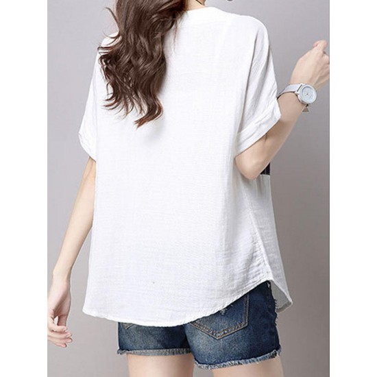 Casual Women Cotton Linen Short Sleeve O-Neck Tops