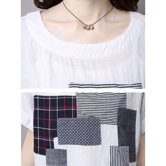 Casual Women Cotton Linen Short Sleeve O-Neck Tops