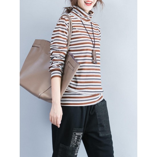 Casual Women Long Sleeve Striped Turtleneck Cotton T-shirt