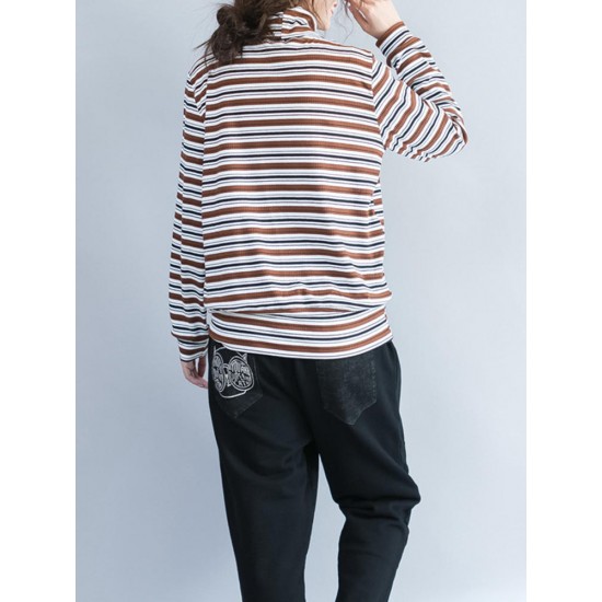 Casual Women Long Sleeve Striped Turtleneck Cotton T-shirt