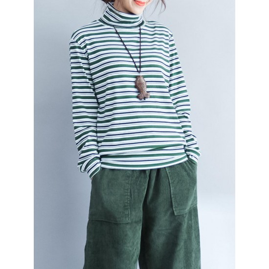 Casual Women Long Sleeve Striped Turtleneck Cotton T-shirt