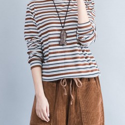 Casual Women Long Sleeve Striped Turtleneck Cotton T-shirt