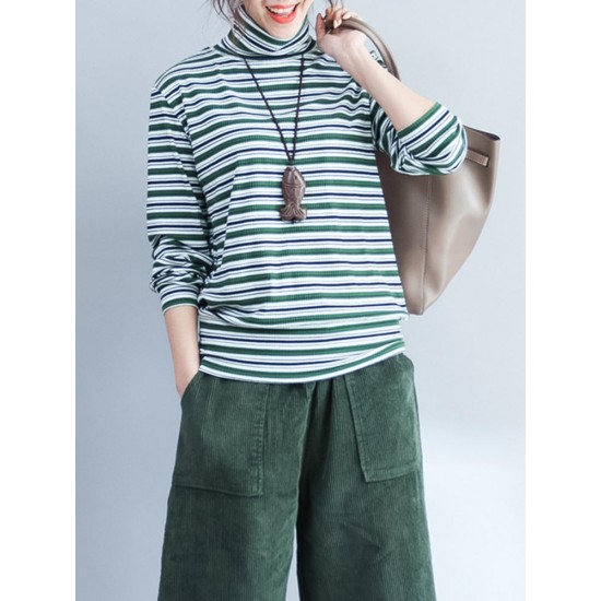 Casual Women Long Sleeve Striped Turtleneck Cotton T-shirt