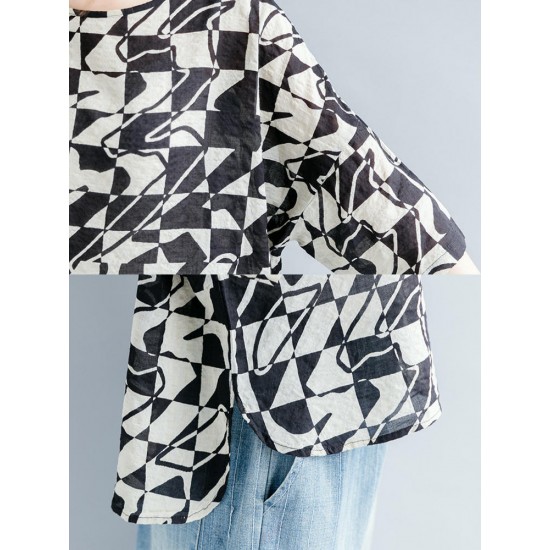 Casual Women Loose Cotton Print Geometric Pattern Round Neck Short Sleeve T-Shirts