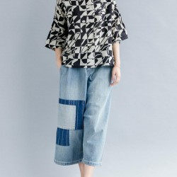 Casual Women Loose Cotton Print Geometric Pattern Round Neck Short Sleeve T-Shirts