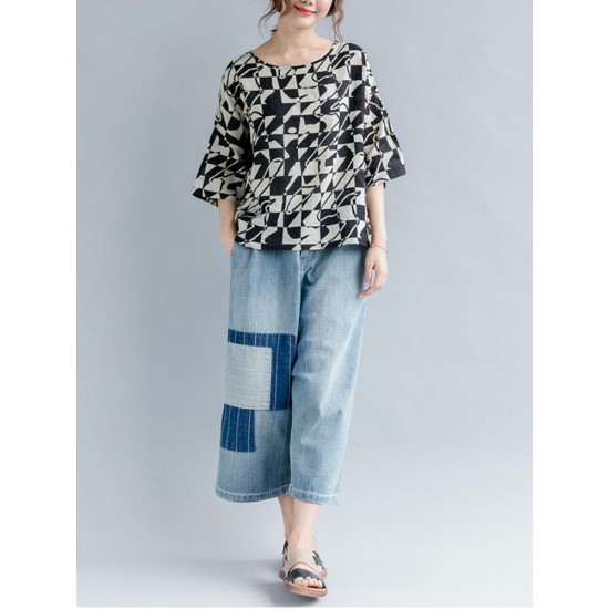Casual Women Loose Cotton Print Geometric Pattern Round Neck Short Sleeve T-Shirts Casual Women Loose Cotton Print Geometric Pattern Round Neck Short Sleeve T-Shirts