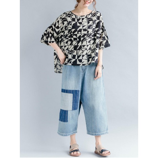 Casual Women Loose Cotton Print Geometric Pattern Round Neck Short Sleeve T-Shirts Casual Women Loose Cotton Print Geometric Pattern Round Neck Short Sleeve T-Shirts