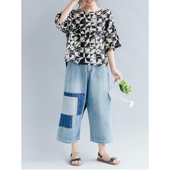 Casual Women Loose Cotton Print Geometric Pattern Round Neck Short Sleeve T-Shirts Casual Women Loose Cotton Print Geometric Pattern Round Neck Short Sleeve T-Shirts