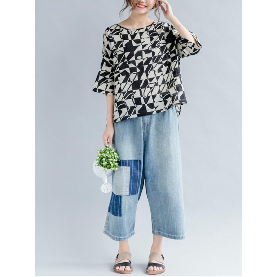 Casual Women Loose Cotton Print Geometric Pattern Round Neck Short Sleeve T-Shirts Casual Women Loose Cotton Print Geometric Pattern Round Neck Short Sleeve T-Shirts