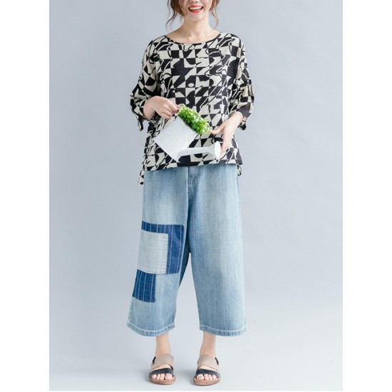 Casual Women Loose Cotton Print Geometric Pattern Round Neck Short Sleeve T-Shirts Casual Women Loose Cotton Print Geometric Pattern Round Neck Short Sleeve T-Shirts