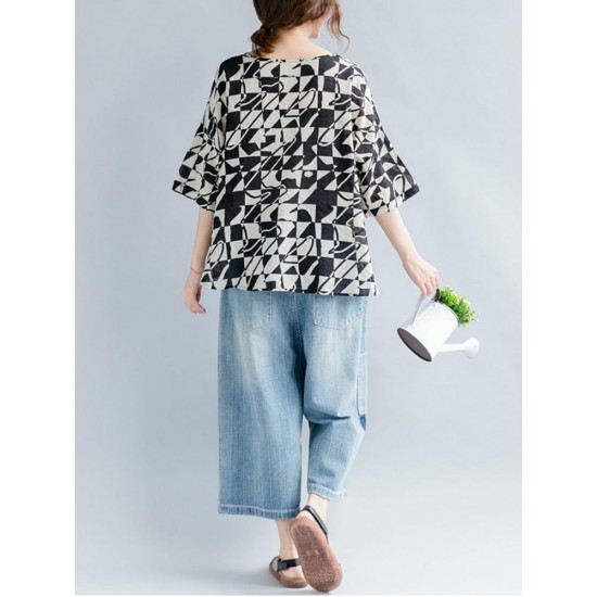 Casual Women Loose Cotton Print Geometric Pattern Round Neck Short Sleeve T-Shirts Casual Women Loose Cotton Print Geometric Pattern Round Neck Short Sleeve T-Shirts