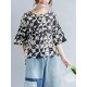 Casual Women Loose Cotton Print Geometric Pattern Round Neck Short Sleeve T-Shirts