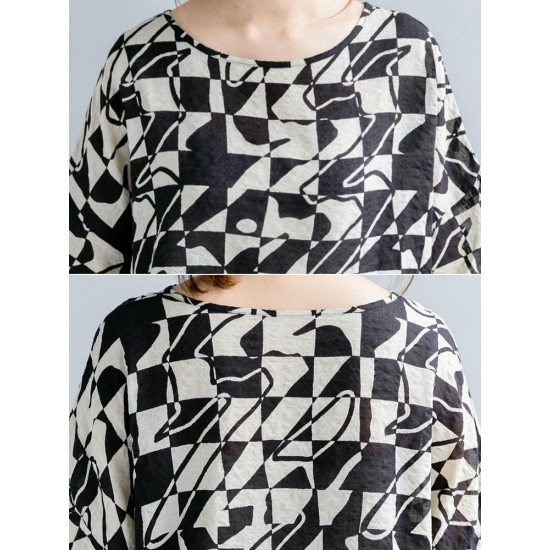 Casual Women Loose Cotton Print Geometric Pattern Round Neck Short Sleeve T-Shirts Casual Women Loose Cotton Print Geometric Pattern Round Neck Short Sleeve T-Shirts