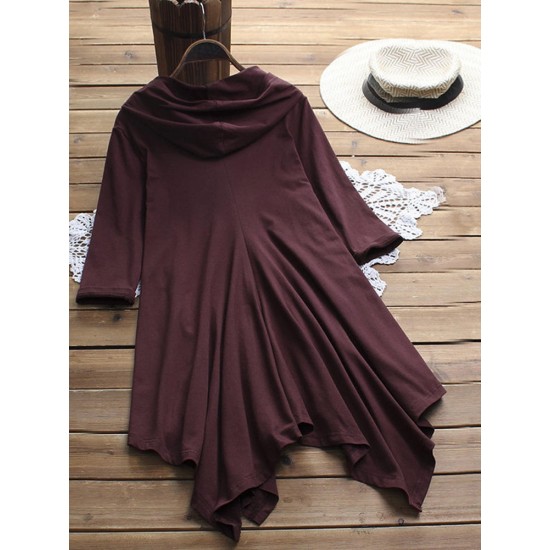 Casual Women Solid Color Irregular Hem 3/4 Sleeve Hoodie Shirt Dress