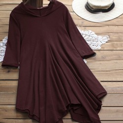 Casual Women Solid Color Irregular Hem 3/4 Sleeve Hoodie Shirt Dress