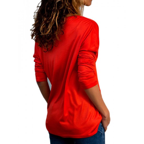 Casual Women V-neck Long Sleeve Pleated T-shirts