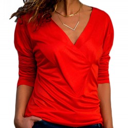 Casual Women V-neck Long Sleeve Pleated T-shirts