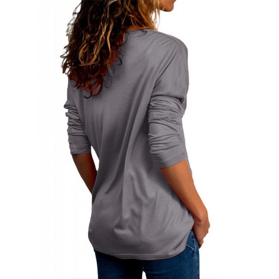 Casual Women V-neck Long Sleeve Pleated T-shirts