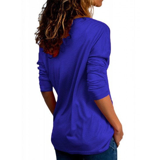 Casual Women V-neck Long Sleeve Pleated T-shirts