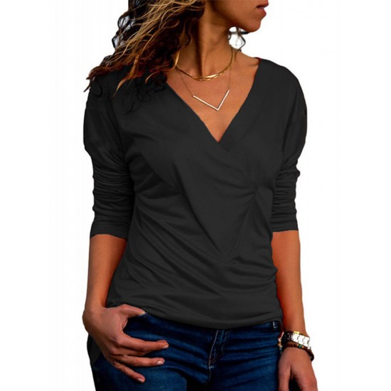 Casual Women V-neck Long Sleeve Pleated T-shirts