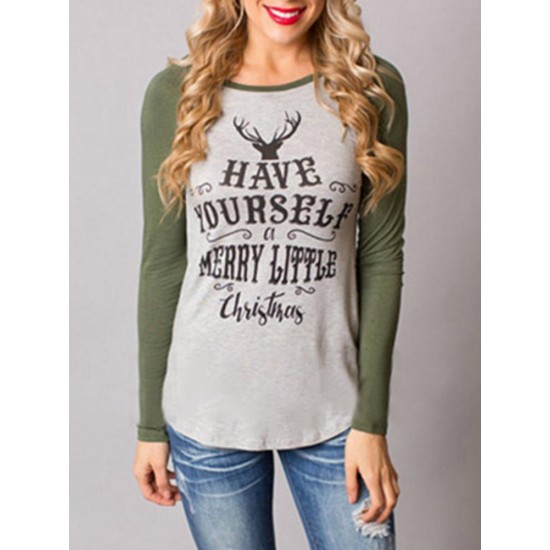 Cute Women O-Neck Animals Letter Printed Long Sleeve T-Shirts