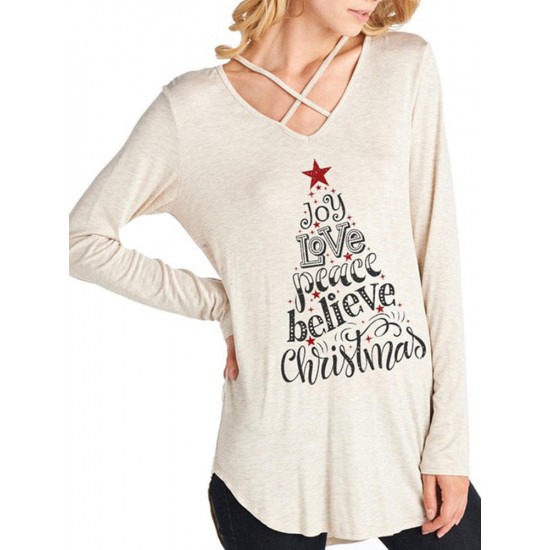 Women Casual Christmas Letter Print Front Cross Long Sleeve T-Shirts