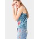 Blue Sexy Velvet Flower Embroidered V-Neck Spaghetti Strap Women Tank Tops