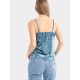 Blue Sexy Velvet Flower Embroidered V-Neck Spaghetti Strap Women Tank Tops