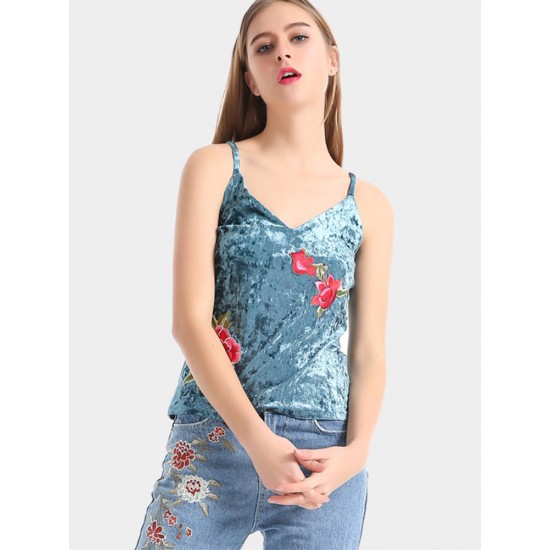 Blue Sexy Velvet Flower Embroidered V-Neck Spaghetti Strap Women Tank Tops Blue Sexy Velvet Flower Embroidered V-Neck Spaghetti Strap Women Tank Tops