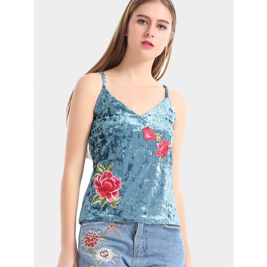 Blue Sexy Velvet Flower Embroidered V-Neck Spaghetti Strap Women Tank Tops Blue Sexy Velvet Flower Embroidered V-Neck Spaghetti Strap Women Tank Tops