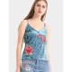 Blue Sexy Velvet Flower Embroidered V-Neck Spaghetti Strap Women Tank Tops