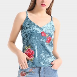 Blue Sexy Velvet Flower Embroidered V-Neck Spaghetti Strap Women Tank Tops