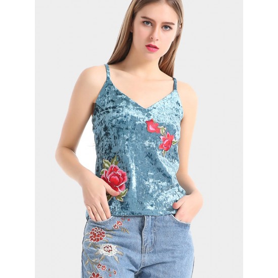 Blue Sexy Velvet Flower Embroidered V-Neck Spaghetti Strap Women Tank Tops