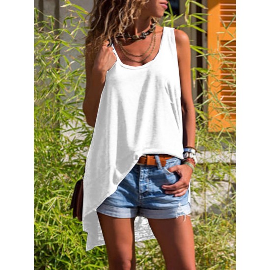 Casual Round Neck Irregular Tops Hem Sleeveless T-shirts