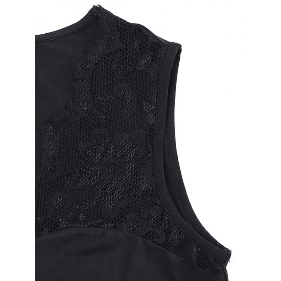 Casual Women Lace Patchwork V Neck Sleeveless Stretch Slim Tank Tops