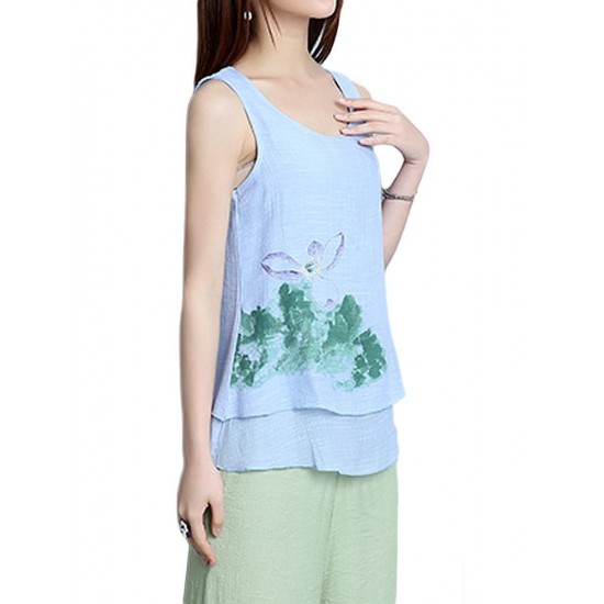 Elegant Women Lotus Ink Printing Fake Two-piece Cotton Linen Tank Top