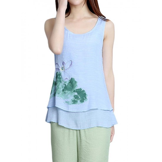 Elegant Women Lotus Ink Printing Fake Two-piece Cotton Linen Tank Top