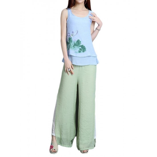 Elegant Women Lotus Ink Printing Fake Two-piece Cotton Linen Tank Top