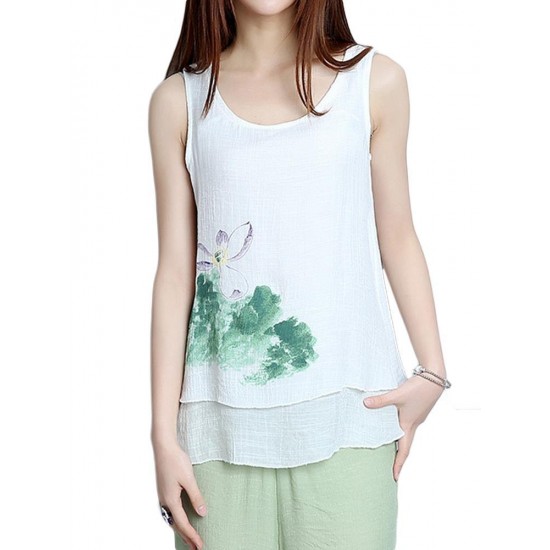 Elegant Women Lotus Ink Printing Fake Two-piece Cotton Linen Tank Top