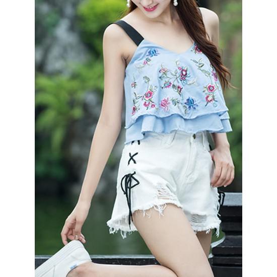 Folk style Strap Embroidery V-neck Double Layer Tank Tops