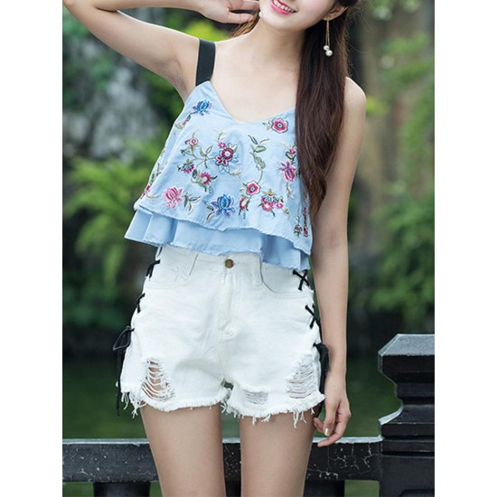Folk style Strap Embroidery V-neck Double Layer Tank Tops