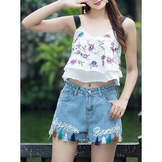 Folk style Strap Embroidery V-neck Double Layer Tank Tops