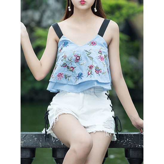 Folk style Strap Embroidery V-neck Double Layer Tank Tops