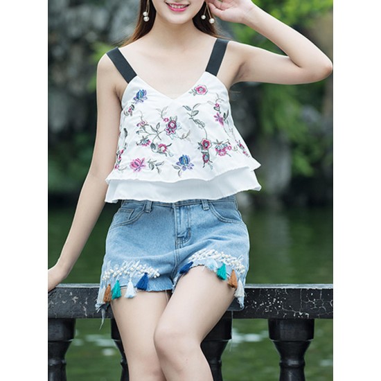 Folk style Strap Embroidery V-neck Double Layer Tank Tops