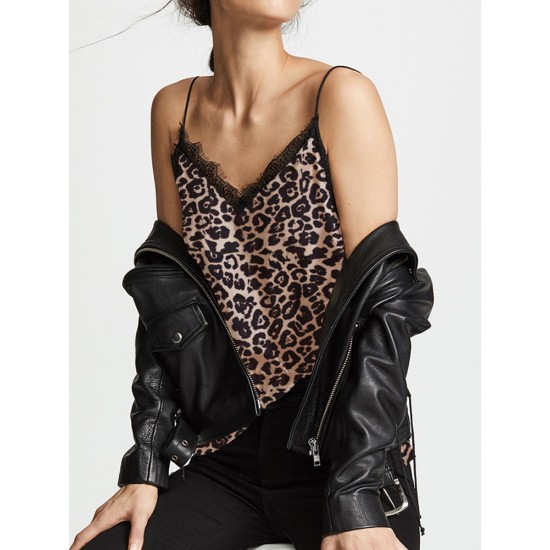 Lace Stitching Leopard Print Sleeveless Tank Tops