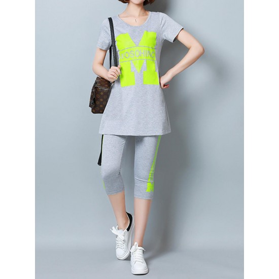 Casual Letter Print Short Sleeve Pure Color Tracksuit For Women