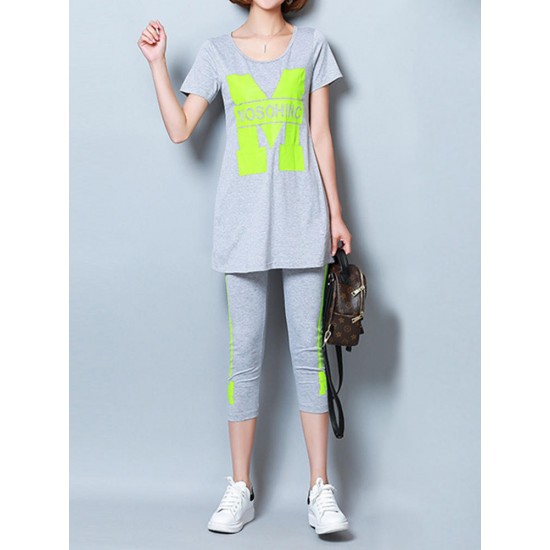 Casual Letter Print Short Sleeve Pure Color Tracksuit For Women