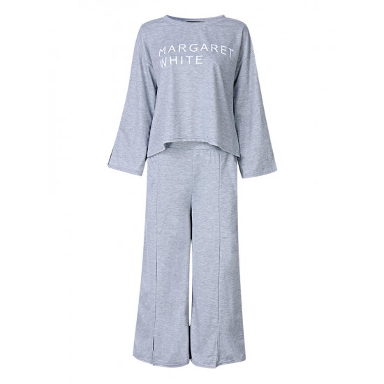 Casual Letters Print Sweatshirt Suit Wide Leg Pants Loose Women Sets