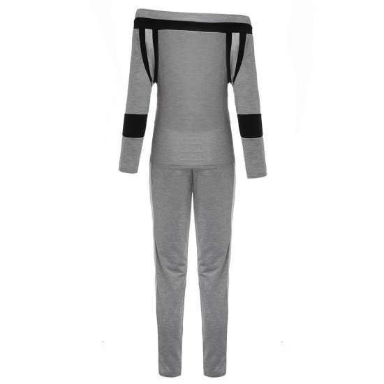 Casual Sport Gray Stripe Patchwork Off Shoulder Women Tracksuit