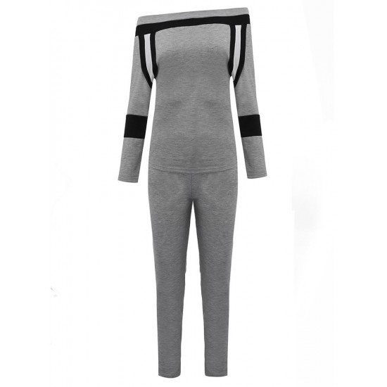 Casual Sport Gray Stripe Patchwork Off Shoulder Women Tracksuit